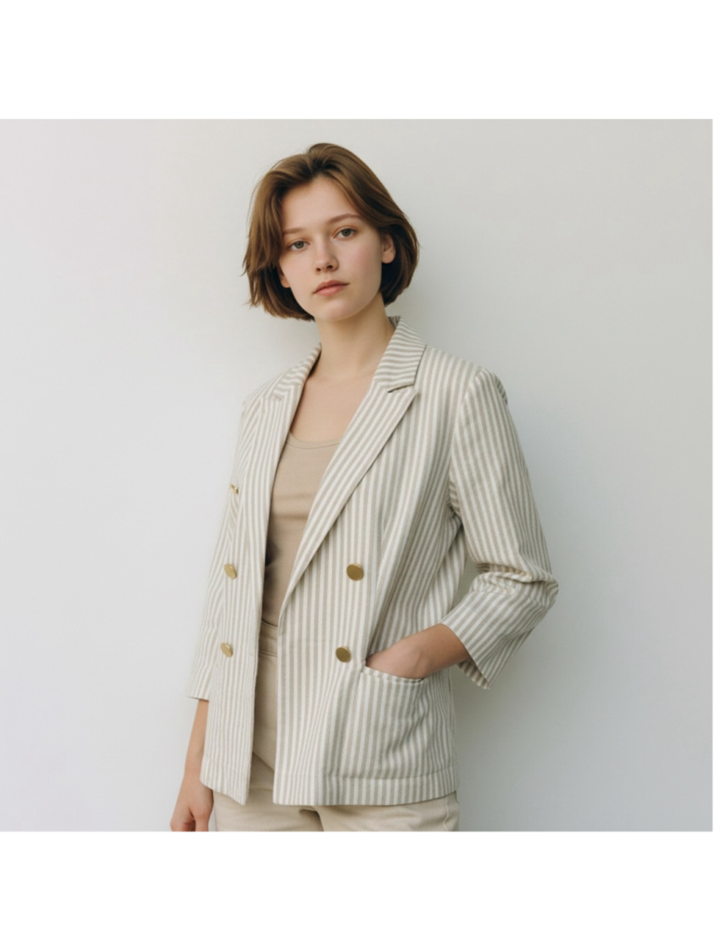 Size L Linda Matthews Striped Beige White stretch casual blazer gold buttons